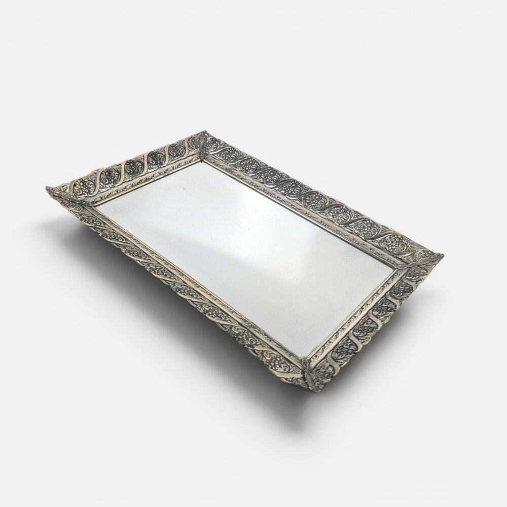 1960s Ornate Silver Metal Mirror Vanity Tray